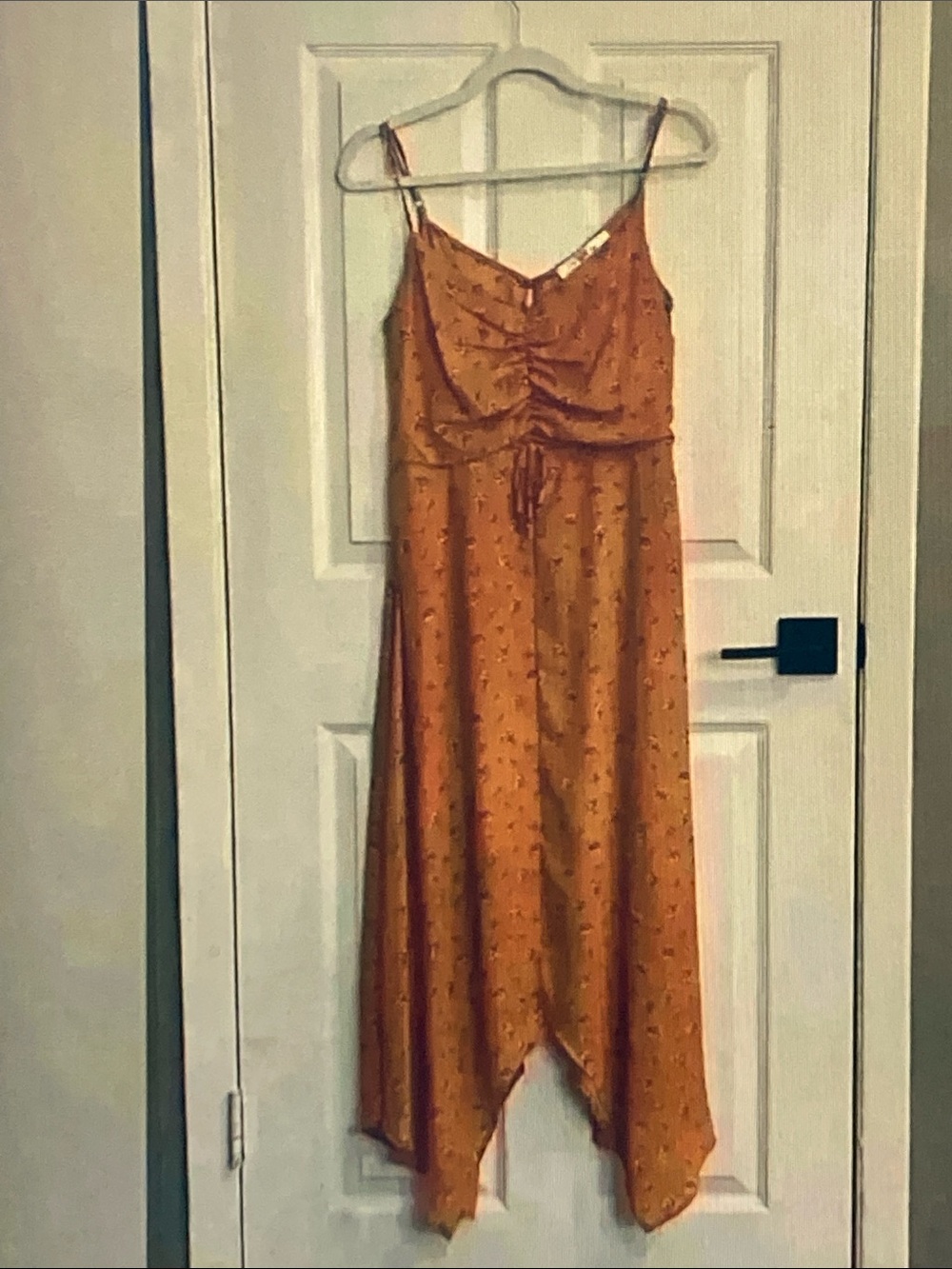 Spaghetti-Strap Asymmetrical Midi Dress in Rust